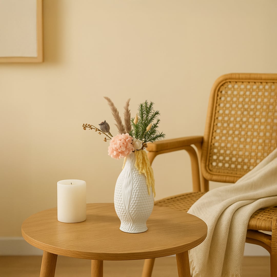 Handcrafted white ceramic vase with floral arrangement placed near a wooden chair and beige background adding elegance to modern living space.