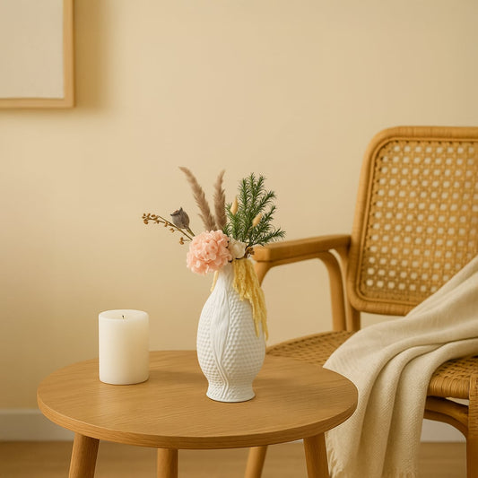 Handcrafted white ceramic vase with floral arrangement placed near a wooden chair and beige background adding elegance to modern living space.
