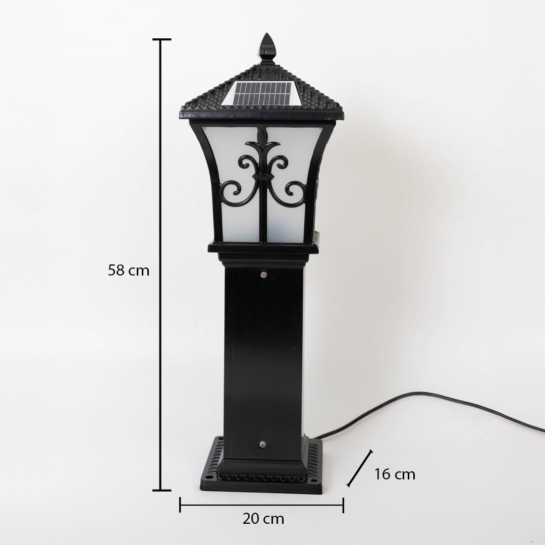 Black solar outdoor gate light dimension image with 50 cm height and 20 cm width for decor use.