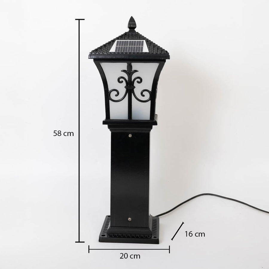 Black solar outdoor gate light dimension image with 50 cm height and 20 cm width for decor use.
