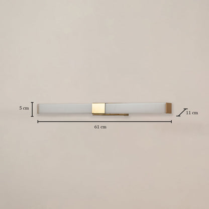 White and gold picture light measuring 61 cm width and 11 cm depth shown on white background for accurate wall lighting planning.