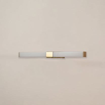 White and gold picture light with light off on white background perfect for art walls living rooms and contemporary home decor.