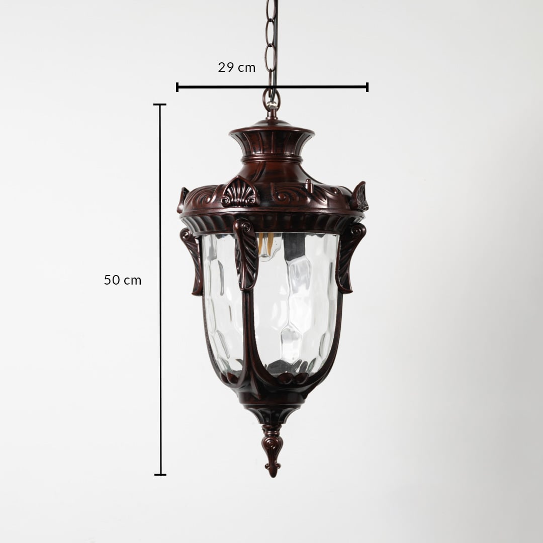 Vintage copper hanging lantern light with clear glass shade measuring 50 cm height and 29 cm width.