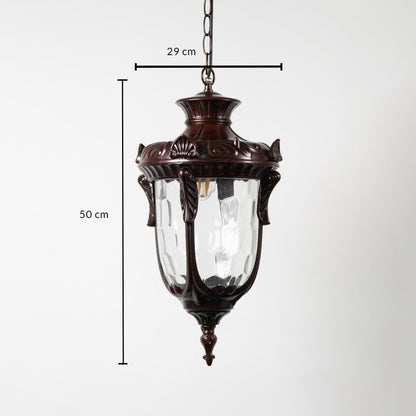 Vintage copper hanging lantern light with clear glass shade measuring 50 cm height and 29 cm width.