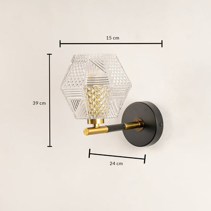 Geometric crystal shade wall lamp with gold and black mount shown with height 24 cm width 19 cm and depth 16 cm ideal for designer modern décor.