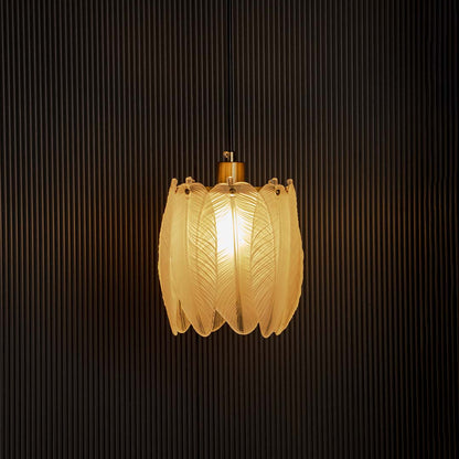 Feather design frosted white glass and gold pendant ceiling light with height 24 cm and width 17 cm shown on off white wall.