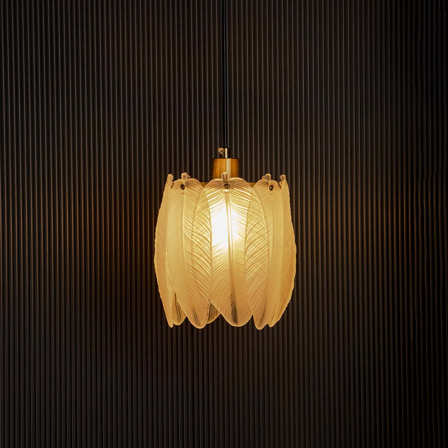 Feather design frosted white glass and gold pendant ceiling light with height 24 cm and width 17 cm shown on off white wall.