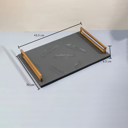 Feather tray measuring 43.5 cm length 30 cm width and 6.5 cm height with grey base and gold handles for home decoration.