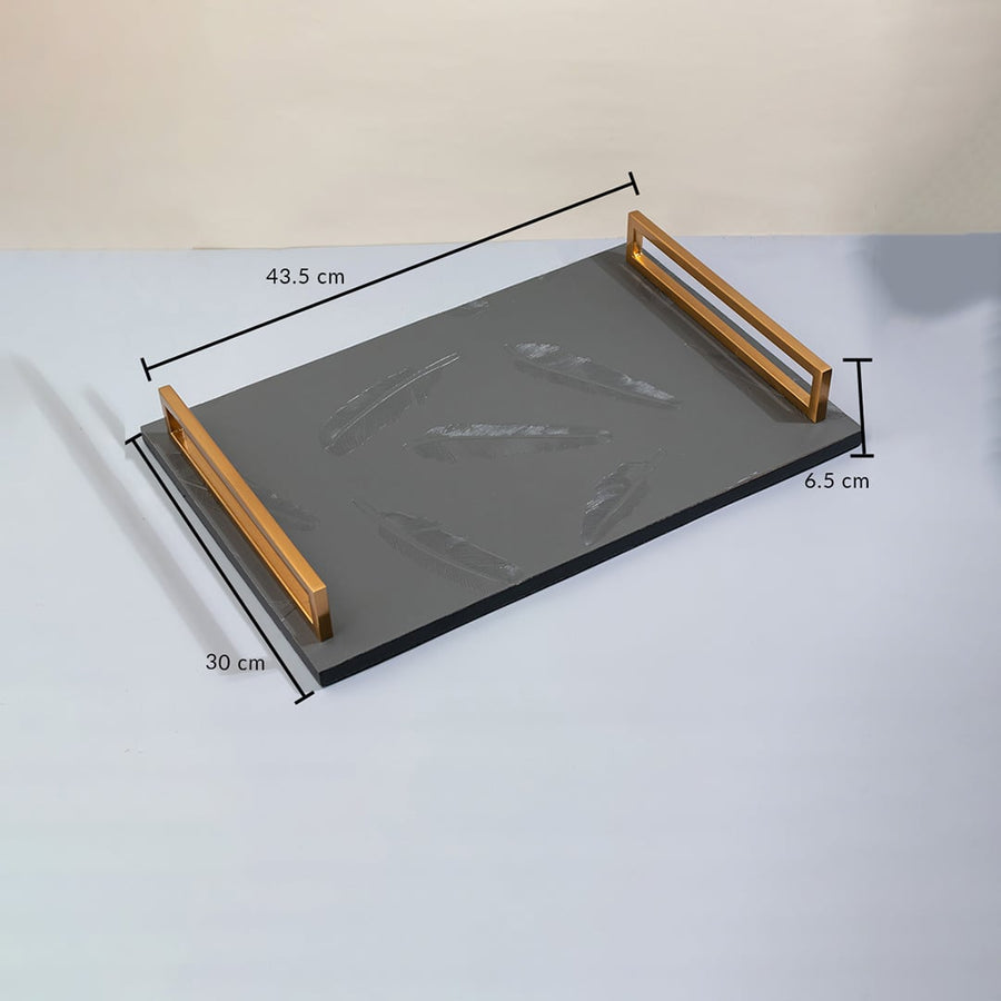Feather tray measuring 43.5 cm length 30 cm width and 6.5 cm height with grey base and gold handles for home decoration.