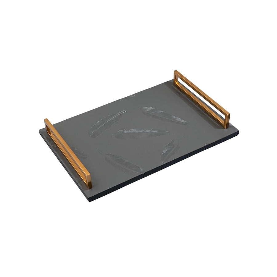 Feather serving tray with textured grey feather design base and golden handles displayed on plain background for styling.