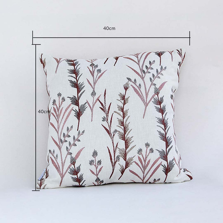 Cushion cover with brown botanical pattern shown with measurement lines marking its 40 cm x 40 cm size ideal for enhancing home décor and adding natural style to interiors.