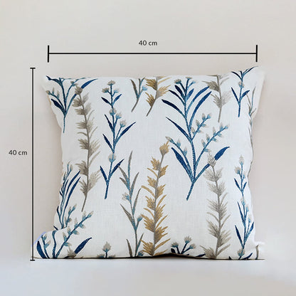 Botanical embroidered cushion in blue and gold displayed on a white background showing clear dimensions of 40 cm height and 40 cm width for accurate sizing.