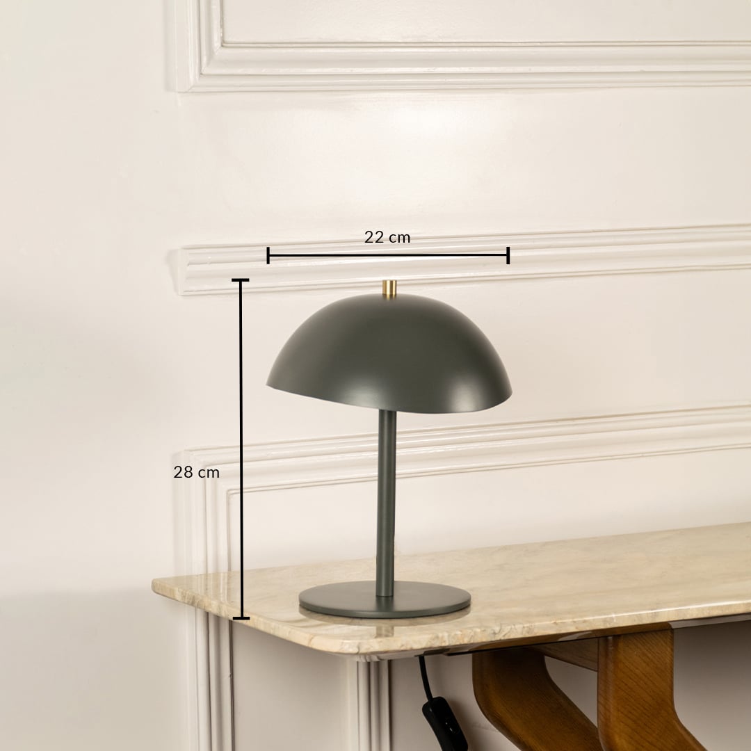 Grey metal mushroom table lamp measuring 28 cm height and 32 cm width for modern decorative table lighting.