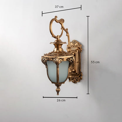 Antique outdoor wall light with dimensions 55 cm height 26 cm width and 37 cm depth is shown on white background.