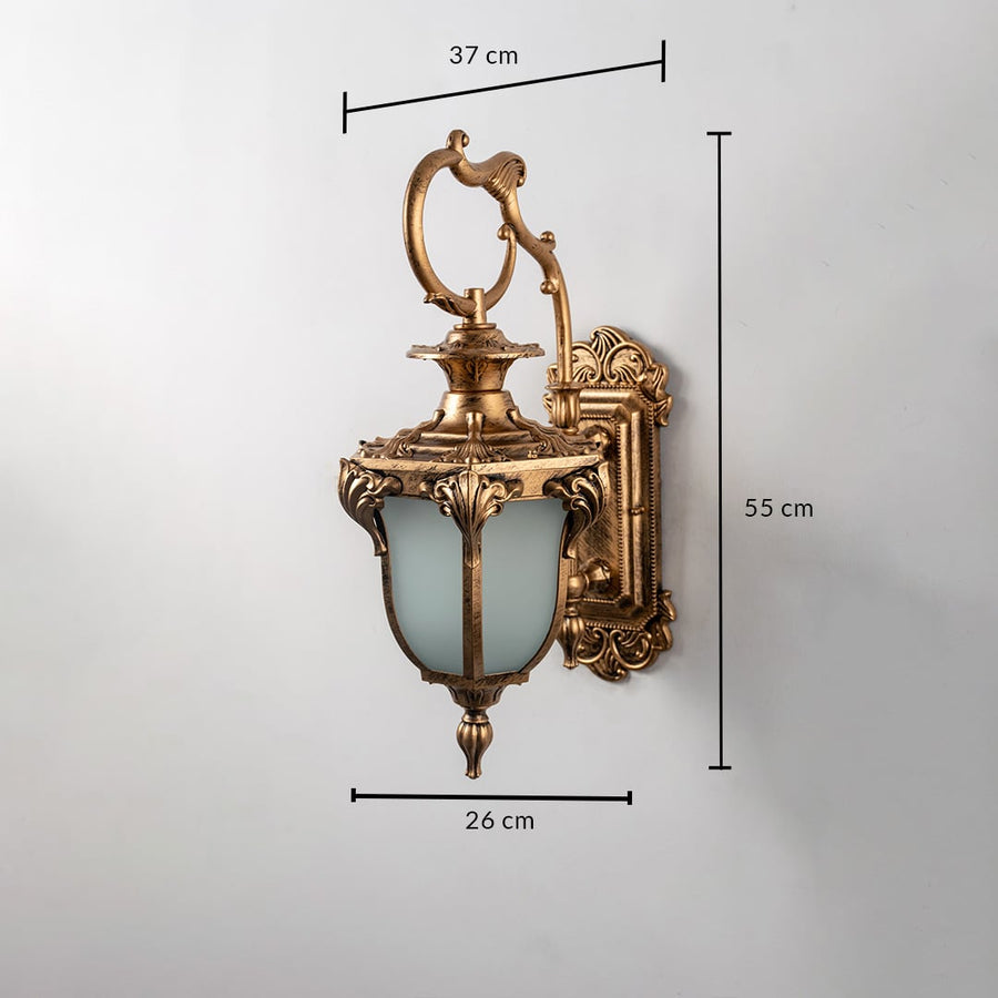 Antique outdoor wall light with dimensions 55 cm height 26 cm width and 37 cm depth is shown on white background.