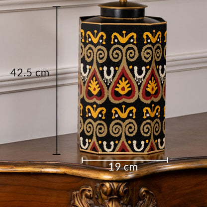 Table lamp dimension image displaying black ceramic base with bold gold and red geometric pattern measuring around 42.5 cm height and 19 cm width.