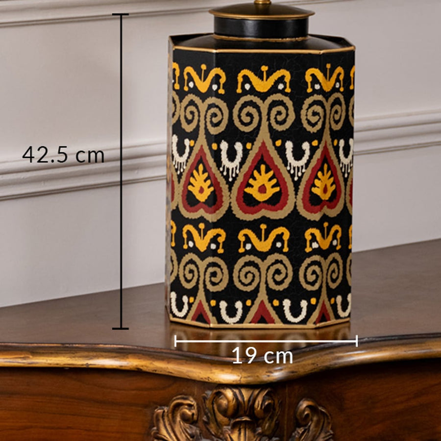 Table lamp dimension image displaying black ceramic base with bold gold and red geometric pattern measuring around 42.5 cm height and 19 cm width.