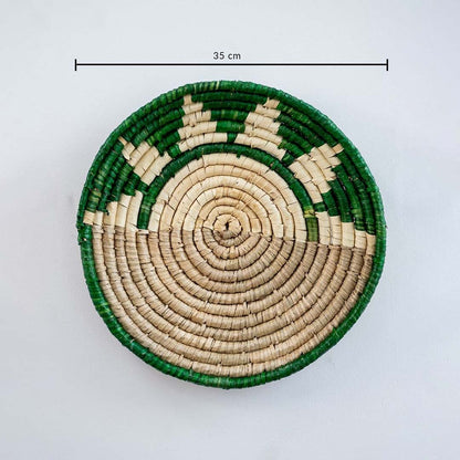 Handwoven round wall basket with green border showing 30 cm diameter suitable for accurate interior wall Decor placement reference.