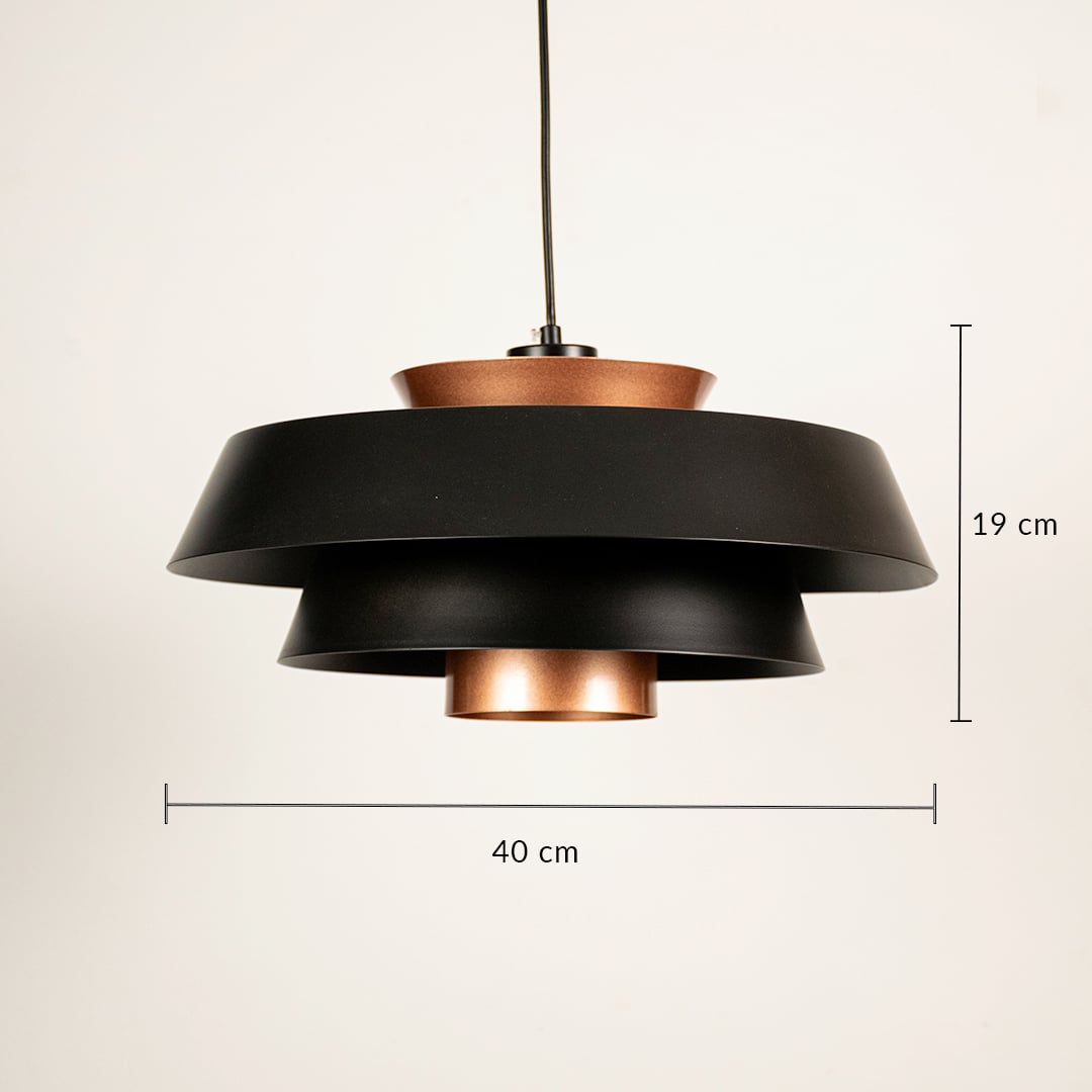 Designer black and copper color pendant light showing 19 cm height and 40 cm width ideal for dining area and modern interiors.