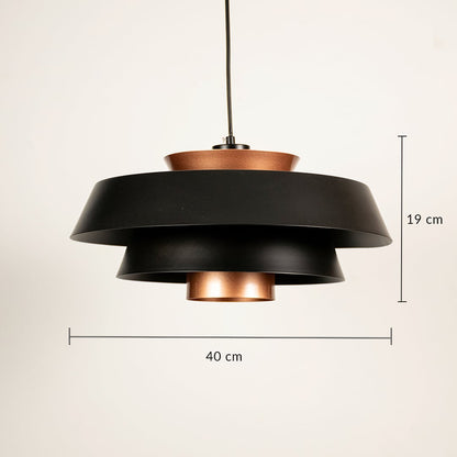 Designer black and copper color pendant light showing 19 cm height and 40 cm width ideal for dining area and modern interiors.
