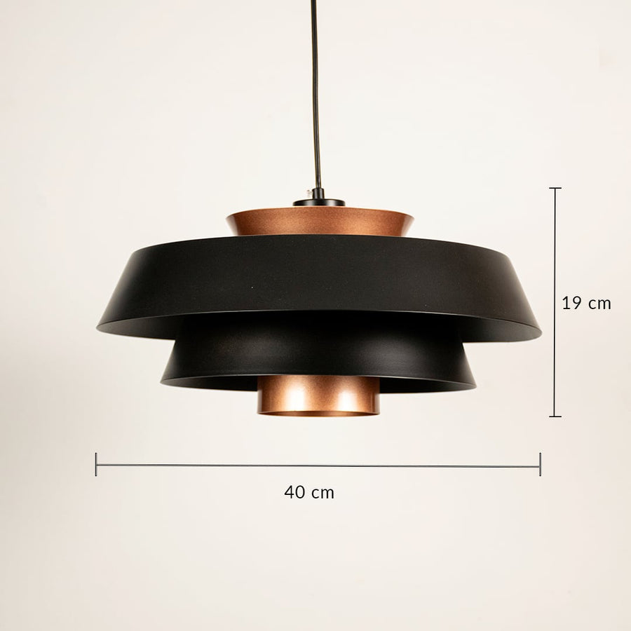 Designer black and copper color pendant light showing 19 cm height and 40 cm width ideal for dining area and modern interiors.