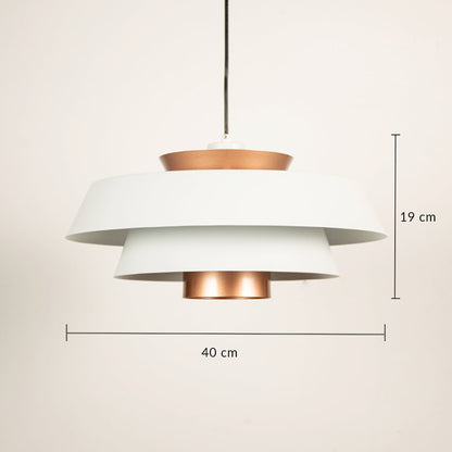 Modern white and copper pendant light showing 19 cm height and 40 cm width ideal for luxury bedroom living and dining room decor.