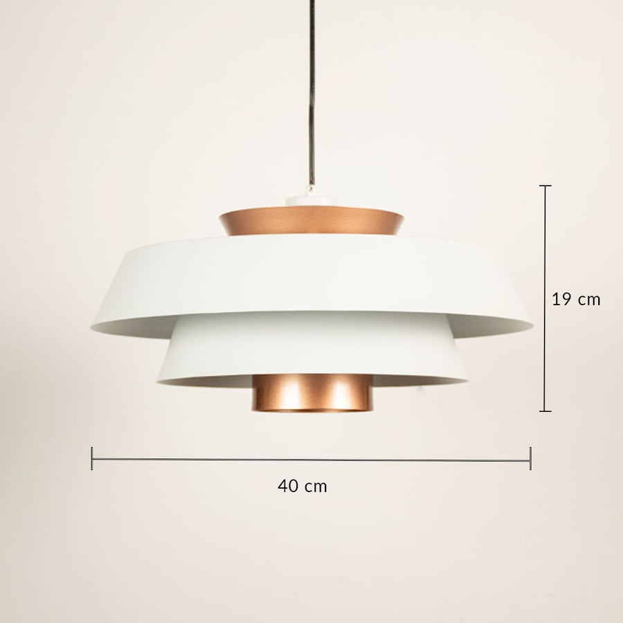Modern white and copper pendant light showing 19 cm height and 40 cm width ideal for luxury bedroom living and dining room decor.