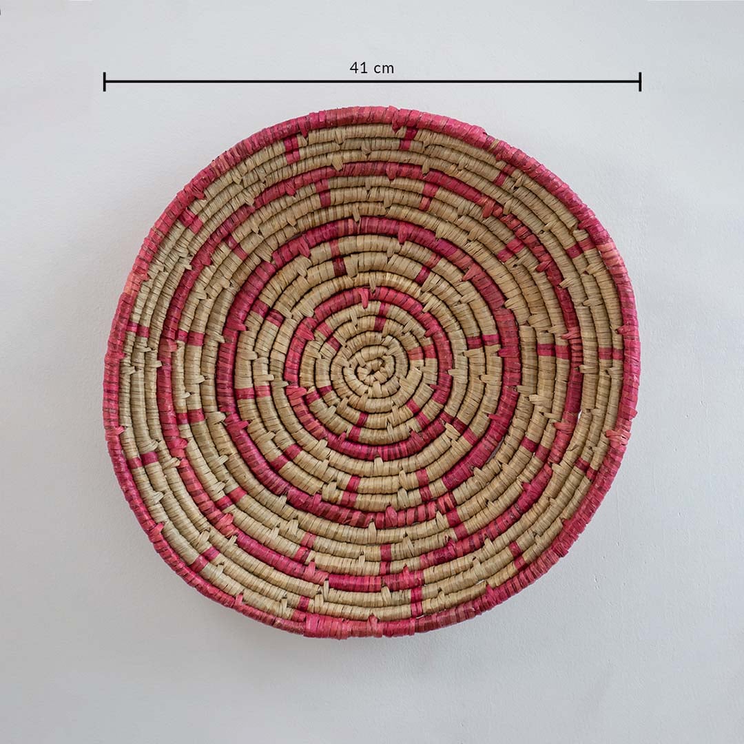 Large round woven wall basket dimension image showing full diameter measurement for statement wall decor placement indoors.