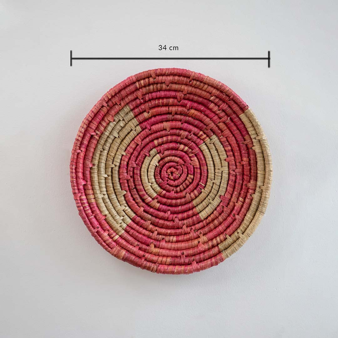 Handcrafted round wall basket dimension image displaying diameter measurement for easy styling and interior wall decor use.