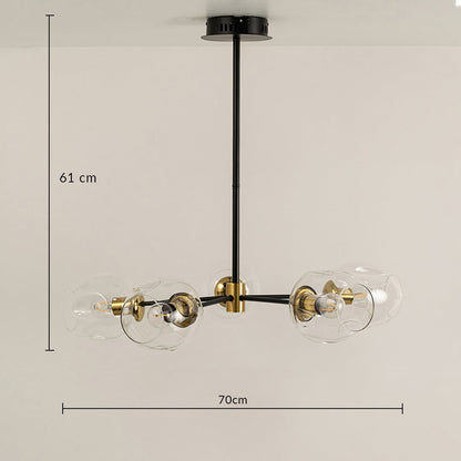 Designer black and gold chandelier showing 61 cm height and 70 cm width ideal for dining rooms kitchens and luxury home interiors.