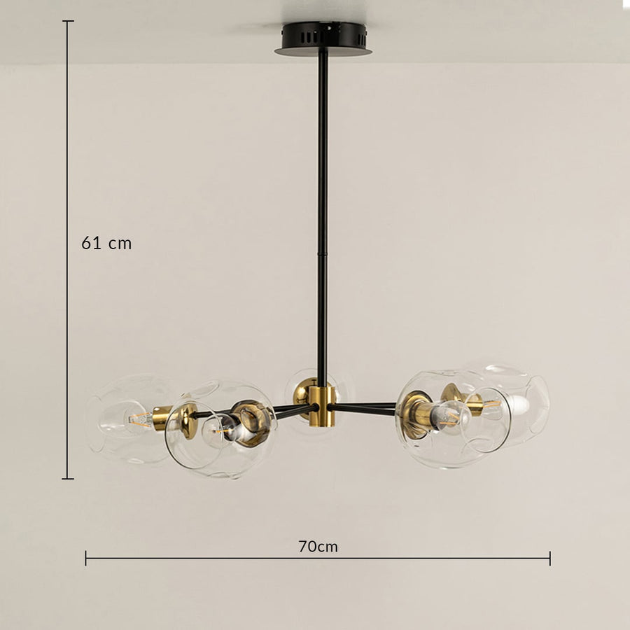 Designer black and gold chandelier showing 61 cm height and 70 cm width ideal for dining rooms kitchens and luxury home interiors.