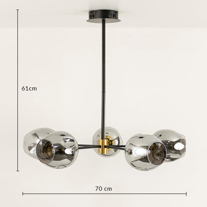 Designer smoked glass chandelier showing 61 cm height and 70 cm width ideal for luxury dining rooms and modern home interiors.