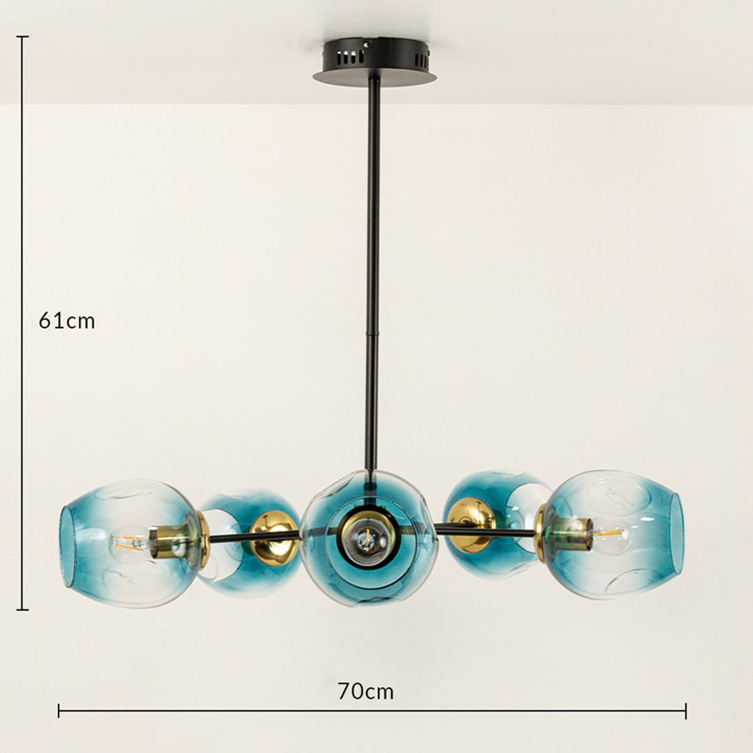 Designer blue and transparent glass chandelier showing 61 cm height and 70 cm width ideal for dining rooms kitchens and luxury home interiors.