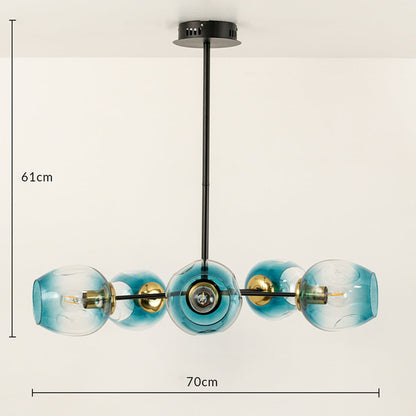 Designer blue and transparent glass chandelier showing 61 cm height and 70 cm width ideal for dining rooms kitchens and luxury home interiors.