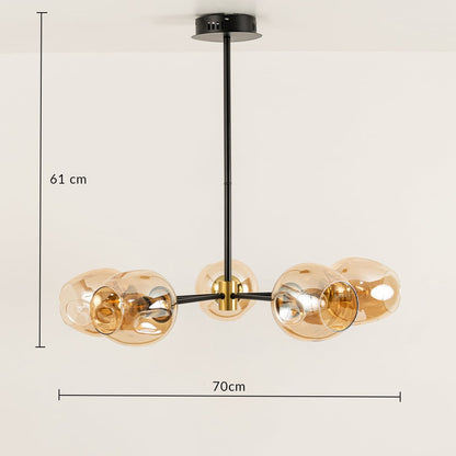 Designer gold glass chandelier showing 61 cm height and 70 cm width ideal for dining rooms kitchens and elegant interior spaces.
