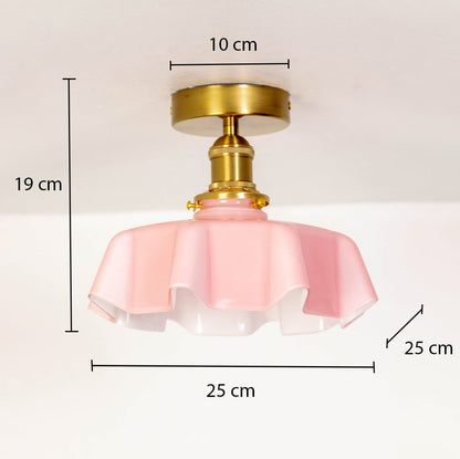Pink glass ceiling light with gold metal mount shown with 25 cm width and 19 cm height for accurate product sizing.