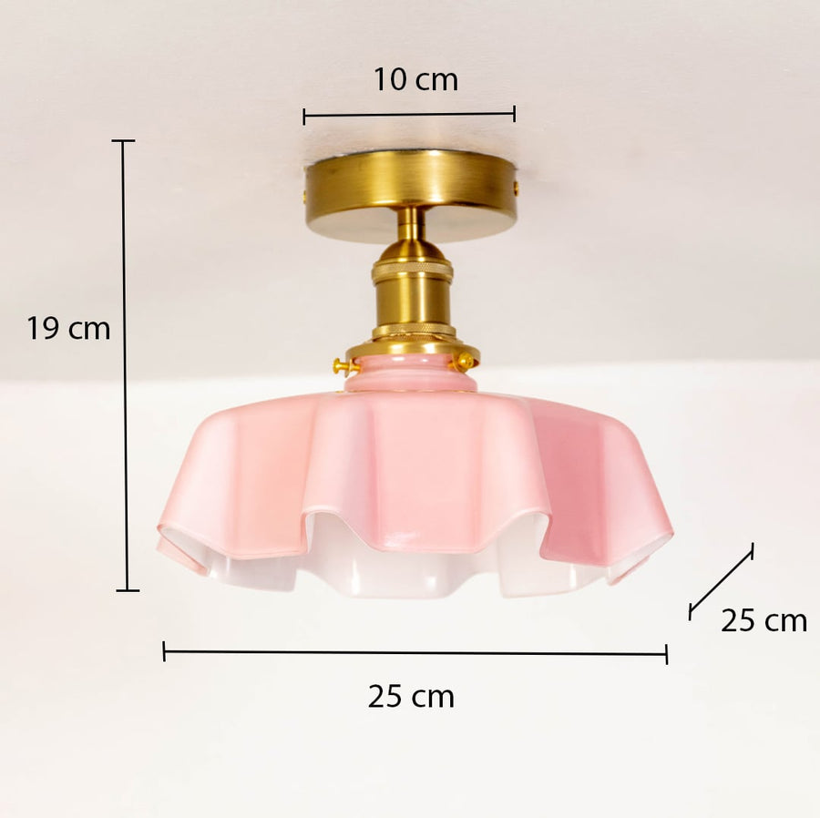 Pink glass ceiling light with gold metal mount shown with 25 cm width and 19 cm height for accurate product sizing.