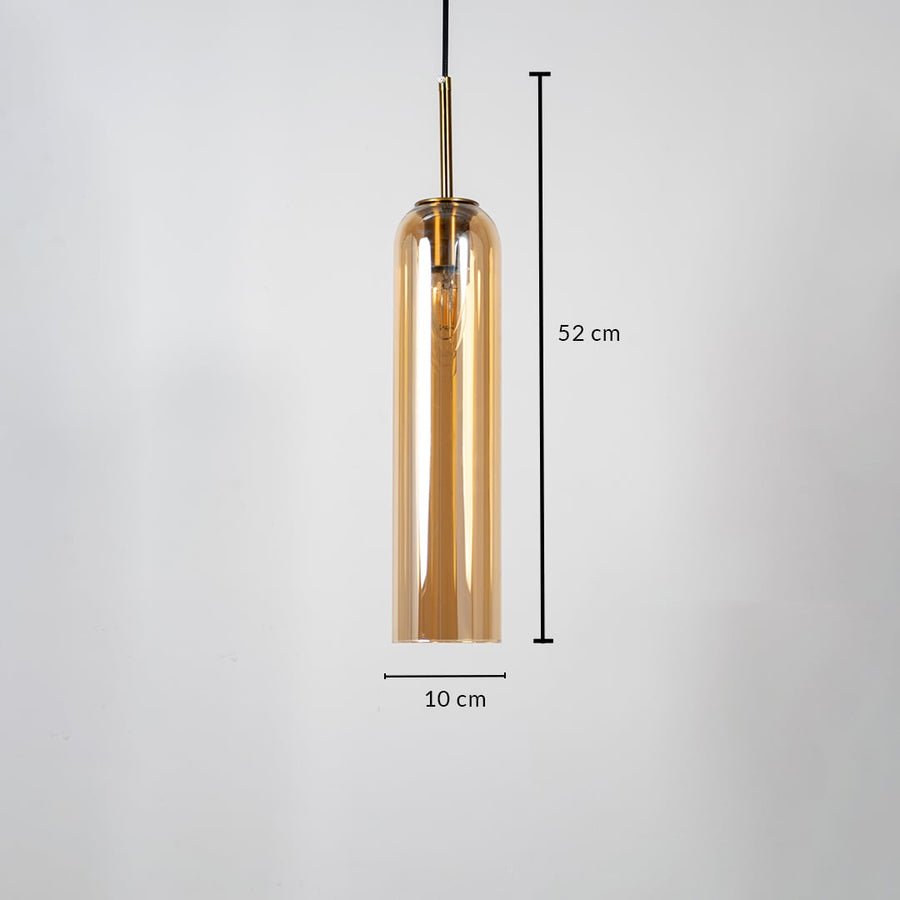 A cylindrical pendant light displayed with measurements clearly marked showing a height of 52 cm and a width of 10 cm against a plain background.