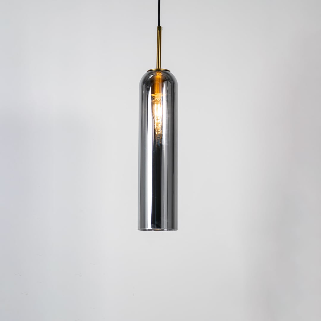 Chrome metal pendant light with sleek cylindrical design and reflective finish for contemporary ceiling lighting decor.