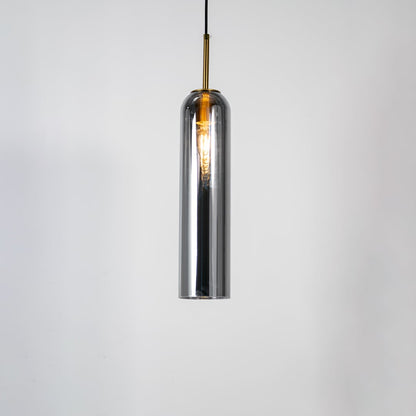 Chrome metal pendant light with sleek cylindrical design and reflective finish for contemporary ceiling lighting decor.