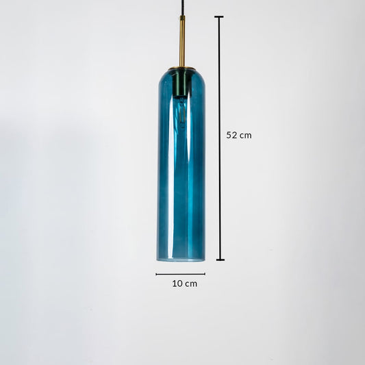 A blue glass pendant light shown with clear measurements displaying a height of 52 cm and a width of 10 cm to highlight its tall slim cylindrical proportions.
