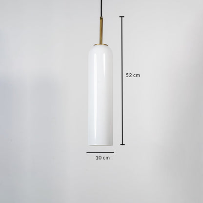 A tall cylindrical pendant light shown with clear dimensions displaying a height of 52 cm and a width of 10 cm against a white background for accurate measurement reference.