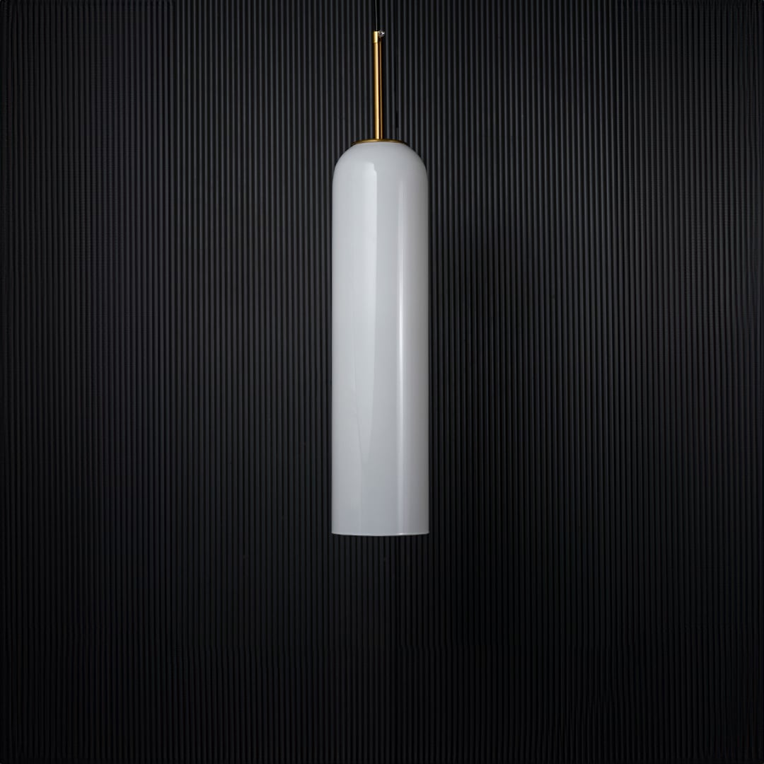 A glossy tall pendant light with the light off showcasing its reflective glass finish and metal accents clearly against a solid black background for a bold presentation.