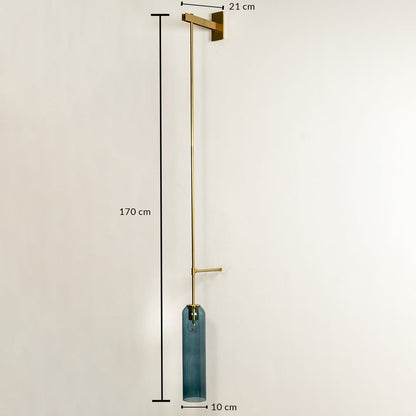 Wall pendant light shown with 170 cm height and 10 cm shade width featuring a long metal arm and blue glass shade ideal for contemporary vertical interior home decor lighting.