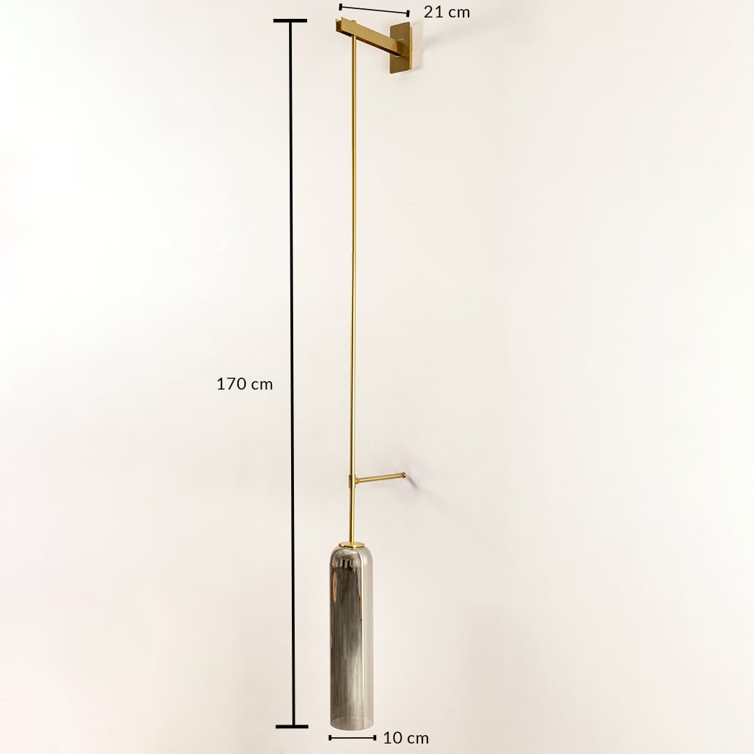 Wall pendant light shown with 170 cm height and 10 cm shade width featuring long metal arm and smoked glass cylinder ideal for modern vertical interior home decor lighting.