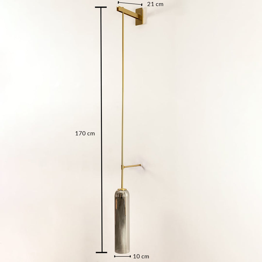 Wall pendant light shown with 170 cm height and 10 cm shade width featuring long metal arm and smoked glass cylinder ideal for modern vertical interior home decor lighting.