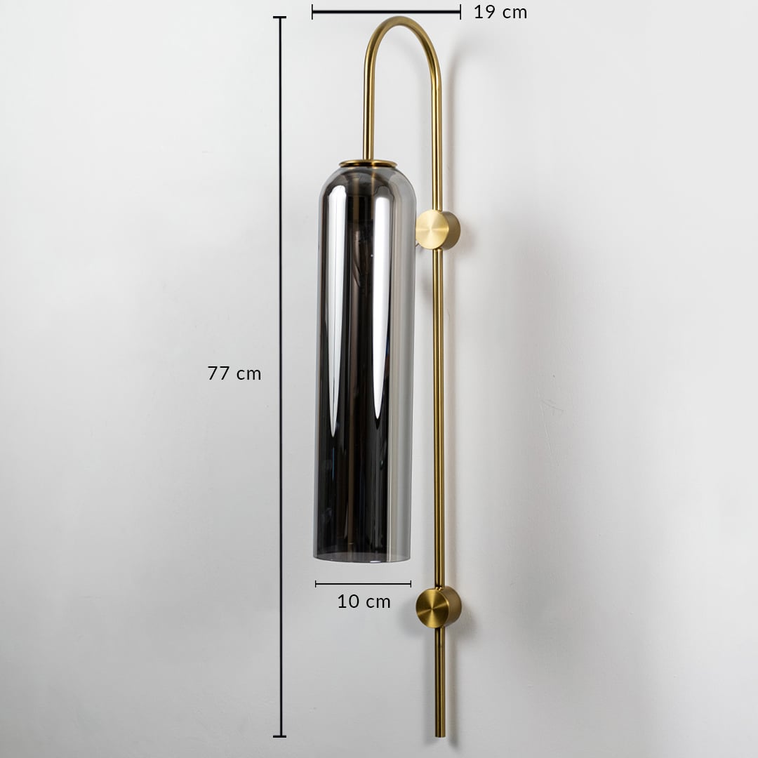 A wall light with clear measurements shown as 77 cm height 19 cm width and 10 cm depth against a white background highlighting its full proportions.