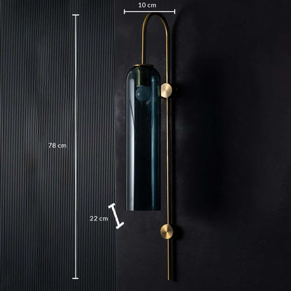 Teal glass and gold metal wall light shown with 78 cm height and 10 cm width providing precise measurement details for accurate placement planning.