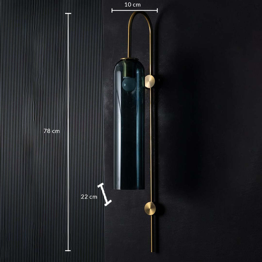 Teal glass and gold metal wall light shown with 78 cm height and 10 cm width providing precise measurement details for accurate placement planning.