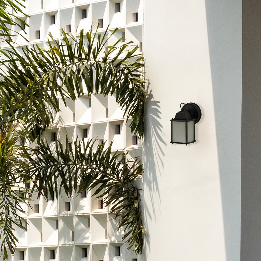 A black outdoor lantern placed on a white exterior wall in daylight showcasing its clean geometric frame and frosted panels against lush green palm leaves for a fresh modern outdoor look.
